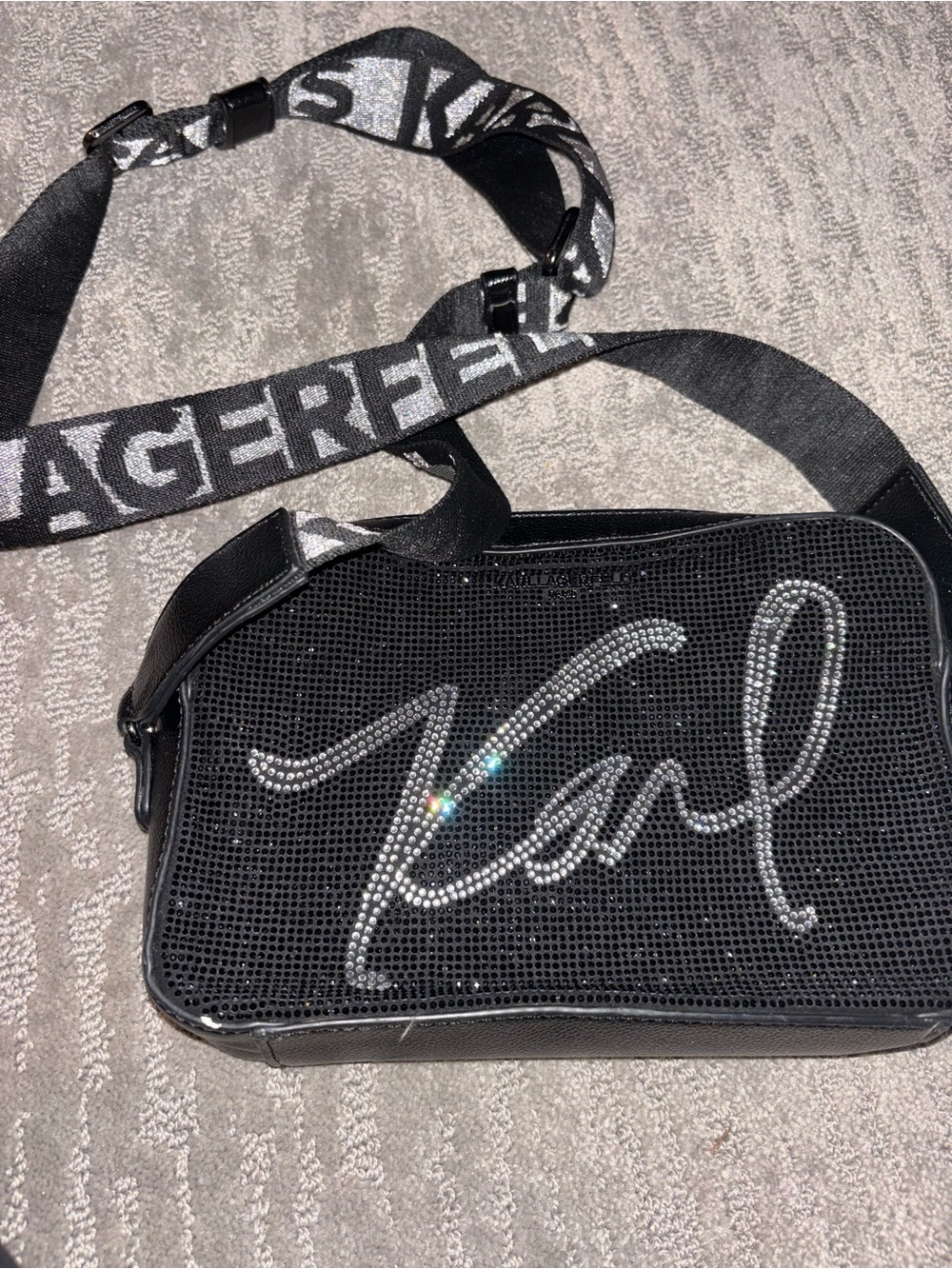 Karl Lagerfeld Black Crossbody with Crystal 'Karl' Script and Logo Strap